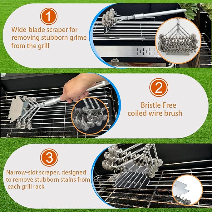 Stainless Steel BBQ Grill Brush with Detachable Aluminum Handle The Combination of the Coiled Wire Brush and the Sturdy Scraper, Bristle Free Detachable Design for Easy Storage