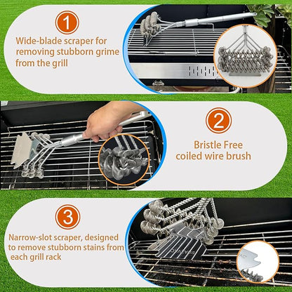 Stainless Steel BBQ Grill Brush with Detachable Aluminum Handle The Combination of the Coiled Wire Brush and the Sturdy Scraper, Bristle Free Detachable Design for Easy Storage