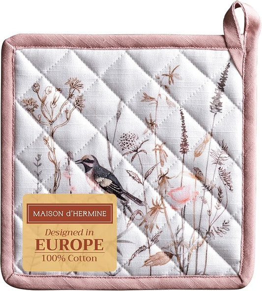Maison d' Hermine Pot Holders 100% Cotton Heat Resistant Potholders 8" x 8" Hot Pads with Loop BBQ Baking Hotel Farmhouse Kitchen Handling Hot Pans Spring Summer (Pack of 1, Meadow Florals - Brown)