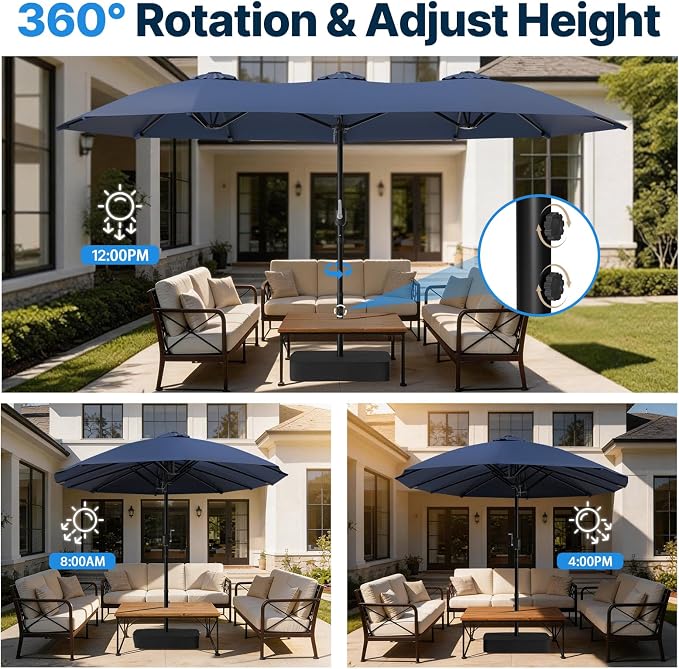 Suteck 15FT Patio Umbrella with Base Included, Dark Blue | Double-Sided, Crank Handle, UV & Fade Resistant Canopy, Poolside, Backyard, Deck, Market