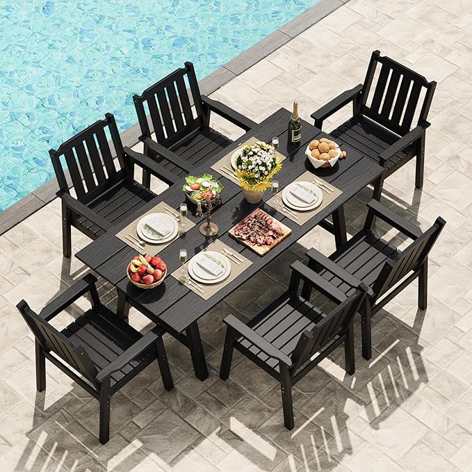 GarveeLife 7-Piece Outdoor Dining Set for Patio 6 People, HDPE All Weather Furniture Table Set with Large Table Umbrella Hole, Modern Outdoor Dining Chairs Armrest for Backyard Garden Deck (Black)