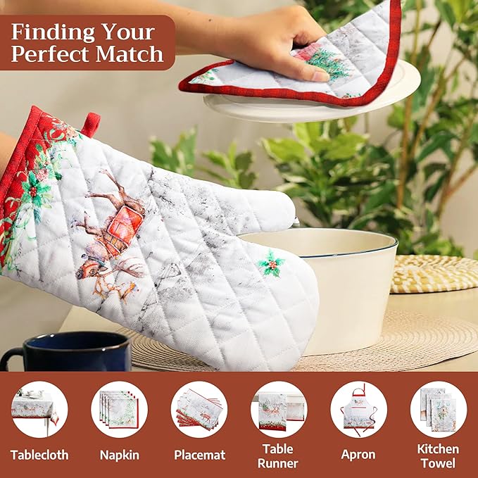 Maison d' Hermine Pot Holders Set 100% Cotton Heat Resistant Potholders 8" x 8" Hot Pads with Loop for Thanksgiving Christmas Decorations Baking Handling Hot Pans (Pack of 2, Christmas Tradition)