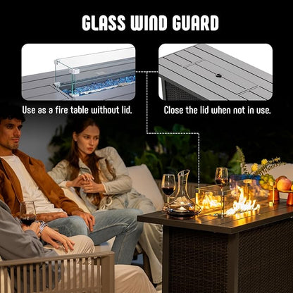 Werph 43" Propane Fire Pit Table with Rattan Fence, 50,000 BTU Gas Fire Pits for Outside Patio with Auto-Ignition, 2-in-1 Fire Table with Natural Lava Rock, Wind Guard& Removable Lid, Black