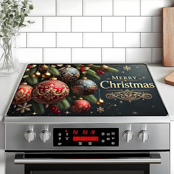 Christmas Stove Top Cover Snowman Stove Top Cover for Home Decoration Kitchen Pad Non-Stick Washable Cooktop Covers Countertop Protector Keep Stove Clean 28"x20" (Ball)