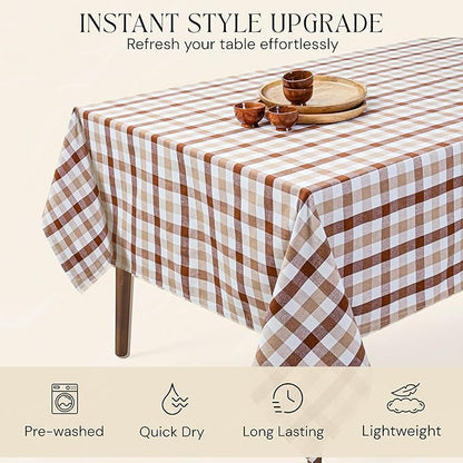 Brown Beige and White Gingham Check Tablecloth, 60x84 Inches, Reusable Farmhouse Table Linen, 100% Cotton, Washable, Plaid Table Cover for Rustic Décor, Weddings, Everyday Dining