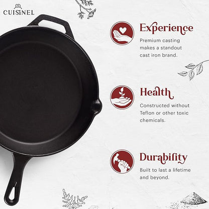 Cast Iron Skillet + Grill Press + Scraper Set - 12"-inch Pre-Seasoned Frying Pan + Silicone Handle Grip - 7" Round Burger Smasher - Indoor/Outdoor, Stove, Oven, Grill, Induction Kitchen Cookware