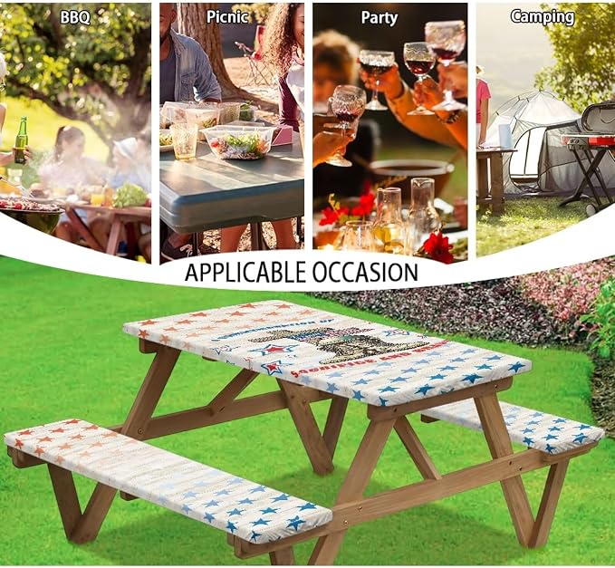 Memorial Day Outdoor Picnic Table Cover Cemetery Decorations Outdoor 3 PCS Set Fitted Picnic Table Cover for Outdoor Camping