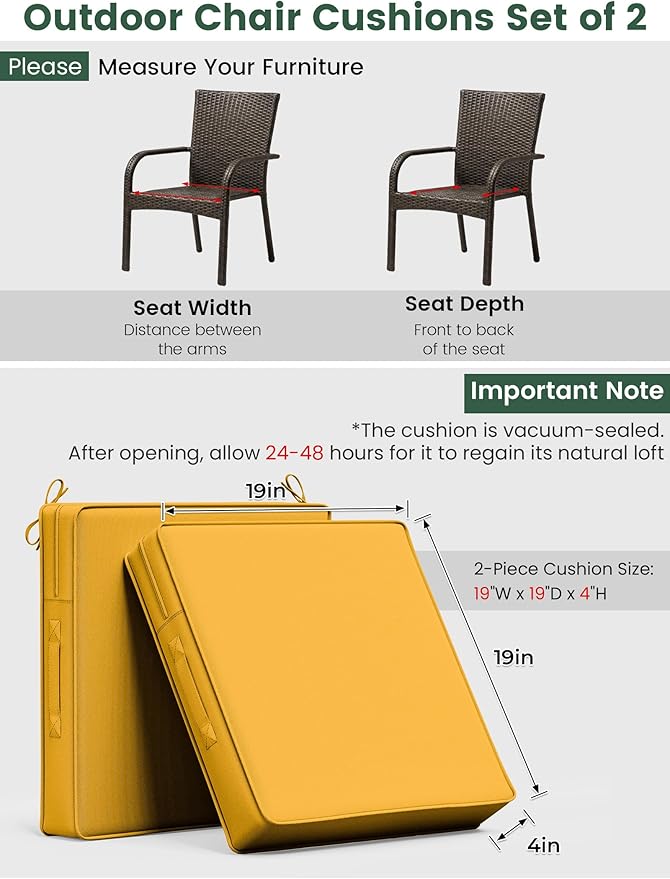 Outdoor Chair Cushion 19 x 19 x 4 Inches Patio Furniture Outdoor Waterproof Seat Cushion, Patio Chair Cushion with Handles and Ties, Square Dining Chair Cushion Set of 2, Yellow