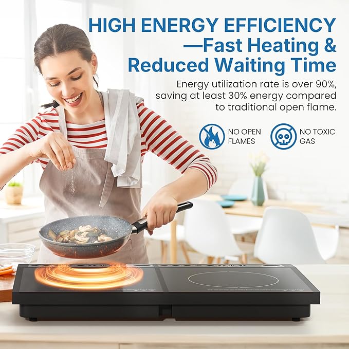 Commercial Double Burner Electric Induction Cooktop, 1000W+800W Dual Induction Hot Plate, 8 Power & 8 Temp Setting, Professional Countertop Burner Stove with Timer, LED Screen, Black