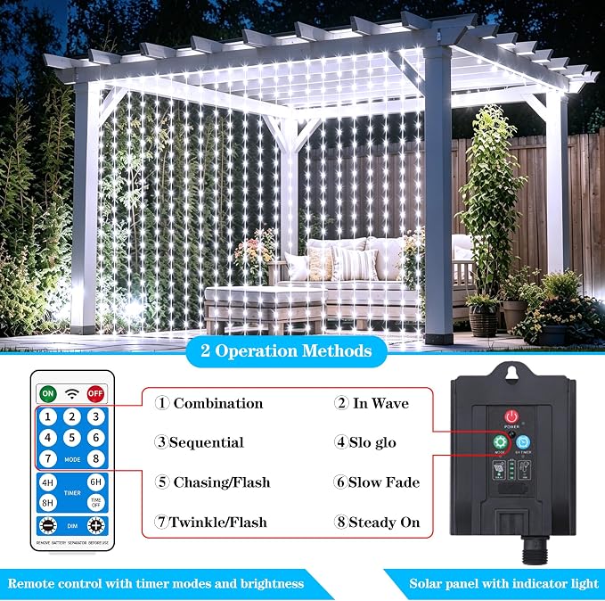 Solar Curtain Lights Outdoor Waterproof, 300LED 9.8x9.8FT Fairy String Lights with USB-C & Solar Charging, Remote Timer Twinkle Waterfall Lights for Patio Garden Wedding Decor (Cool White)