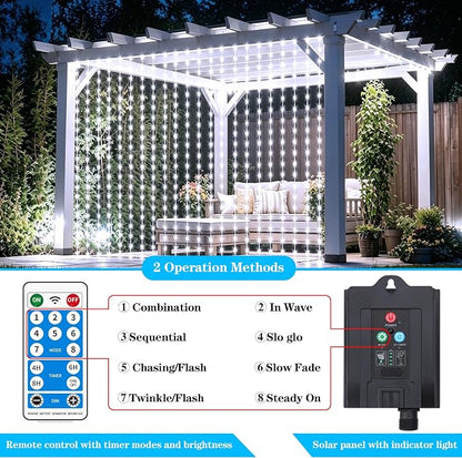 Solar Curtain Lights Outdoor Waterproof, 300LED 9.8x9.8FT Fairy String Lights with USB-C & Solar Charging, Remote Timer Twinkle Waterfall Lights for Patio Garden Wedding Decor (Cool White)