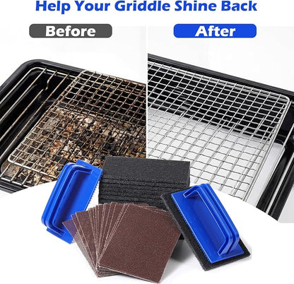 Reallnaive 124 Pcs Griddle Cleaning Kit for Flat Top Grill,Blue | Screen Holder, Grill Screens Cleaning Pads, Heavy Duty Abrasive Mesh Pads for Cast Iron, Stainless Steel Griddle Cleaner