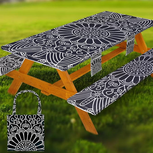 Fitted Picnic Table Cover with Bench Covers Vinyl Waterproof Elastic Edges Fitted Rectangle Tables Patio Tablecloth Camping Gear and Essentials Rv Accessories Road Trip Supplies Car Travel Must Haves