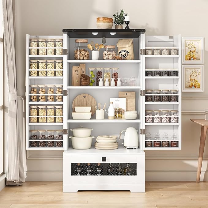 kepptory Farmhouse Pantry Cabinet with Barn Door & Adjustable Shelves, Freestanding Kitchen Storage Cabinet for Dining Room, Bathroom, Hallway (White)