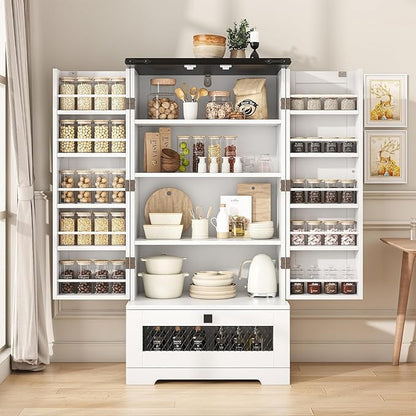 kepptory Farmhouse Pantry Cabinet with Barn Door & Adjustable Shelves, Freestanding Kitchen Storage Cabinet for Dining Room, Bathroom, Hallway (White)
