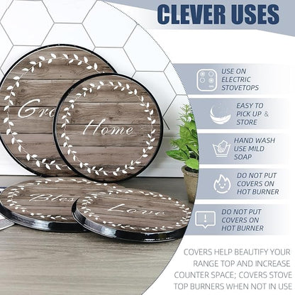 Stylish Burner Covers Set of 4 for Range Accessories, Gratitudes Wood Board Metal Stove Burner Cover for Expanding Counter Space Stovetop Decor, Burner Covers for Electric Stove