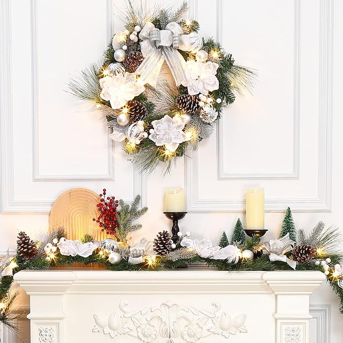 GarveeHome Christmas Wreath with Lights, 24 in Pre-lit Silver White Xmas Wreath with 20 Battery Operated LED Lights Artificial Magnolia Flower & Bow for Front Door Window Indoor Outdoor Decorations