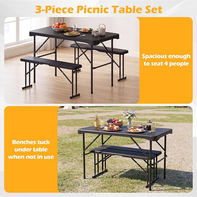 Giantex Folding Picnic Table Bench Set, Rectangular Patio Dining Table Set for 4, with HDPE Tabletop, Metal Frame, Space-Saving and Portable for Camping Party Dining BBQ (Black)