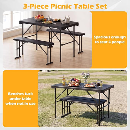 Giantex Folding Picnic Table Bench Set, Rectangular Patio Dining Table Set for 4, with HDPE Tabletop, Metal Frame, Space-Saving and Portable for Camping Party Dining BBQ (Black)