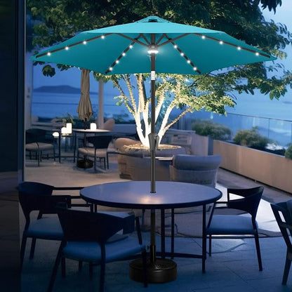 FLAME&SHADE Solar Patio Umbrella with Centre Light, 7.5 FT Aqua Blue | UV Protection, Small Solar Outdoor Umbrella for Porch, Deck, Backyard, Garden, Provides Evening Lighting, 24 LED Lights