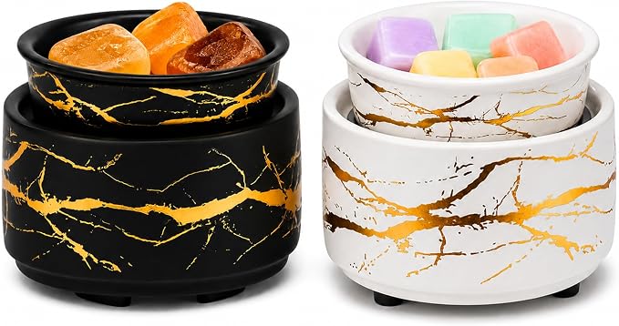PALANCHY Electric Wax Melt Warmer for Scented Wax, Wax Warmer Set of 2 | Glazed Ceramic Wax Melter Black & White, 3-in-1 Candle Wax Melts Warmer Oil Burner for Aromatherapy. 4 x 4 x 3.5 ins, 17W
