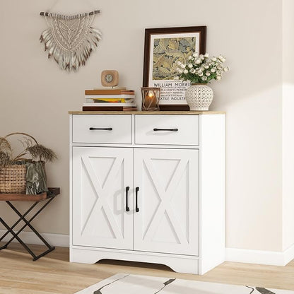 Panana Sideboard 2 Drawers 2 Doors Entryway Storage Cabinet Living Room Organizer Farmhouse Style Wooden Kitchen Cupboard (White)