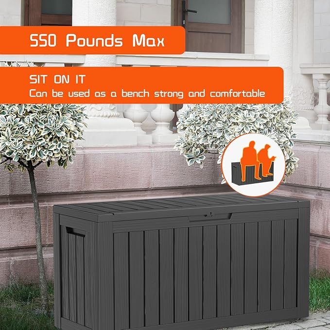 Vixzen 80 Gallon Resin Deck Box, Lockable Outdoor Storage Box for Patio Cushions Storage Furniture,Garden Tools, Pool Supplies, Weatherproof and UV Resistant- Black