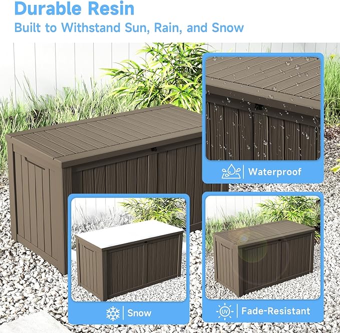 Pepe Tee Waterproof Resin Deck Box, Outdoor Storage Bin for Patio Furniture Cushions, All-Weather Garden Organizer & Seating Bench, Coffee