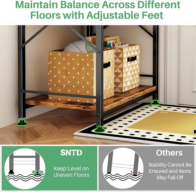 SNTD Bakers Rack with Power Outlet, Microwave Stand, Rustic Brown, 21.7" W | Coffee Stand, 4 Tiers Kitchen Storage Shelves, 10 Hooks, Metal Frame, X-Shaped Reinforcement