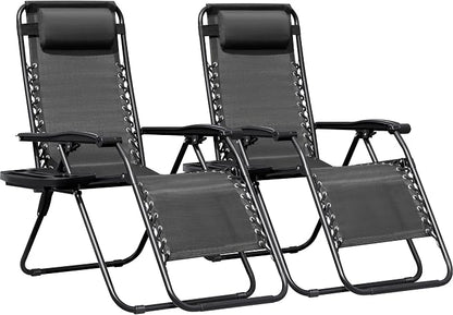 Greesum Zero Gravity Chairs Set of 2 Adjustable Steel Mesh Recliners Beach Deck Lawn Camping Patio Foldable Lounge Chair with Cup Holder Trays and Pillows,Dark Black
