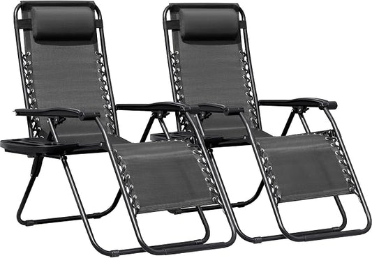 Greesum Zero Gravity Chairs Set of 2 Adjustable Steel Mesh Recliners Beach Deck Lawn Camping Patio Foldable Lounge Chair with Cup Holder Trays and Pillows,Dark Black
