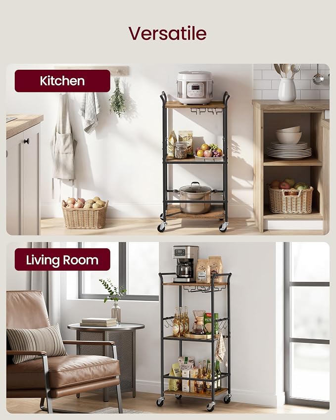 VASAGLE 3-Tier Bar Cart, Steel Serving Cart on Wheels with Wine Rack and Glass Holder, 17.5 x 12.6 x 33.7 Inches, Rustic Brown, for Kitchen and Living Room, Barnet Collection ULRC190K101