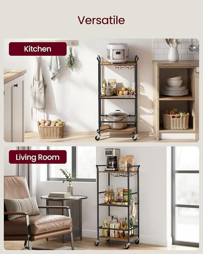 VASAGLE 3-Tier Bar Cart, Steel Serving Cart on Wheels with Wine Rack and Glass Holder, 17.5 x 12.6 x 33.7 Inches, Rustic Brown, for Kitchen and Living Room, Barnet Collection ULRC190K101