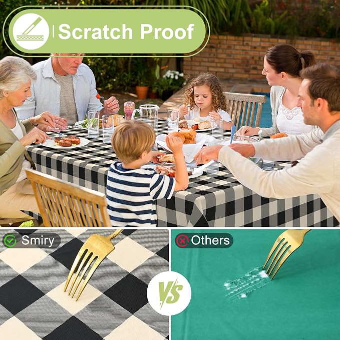 Smiry Picnic Table Cloth, Vinyl Tablecloths with Flannel Backing, 70"x120" | Waterproof Rectangle Table Cloth, Wipeable Buffalo Plaid Table Cover for Indoor and Outdoor (Black & Beige)