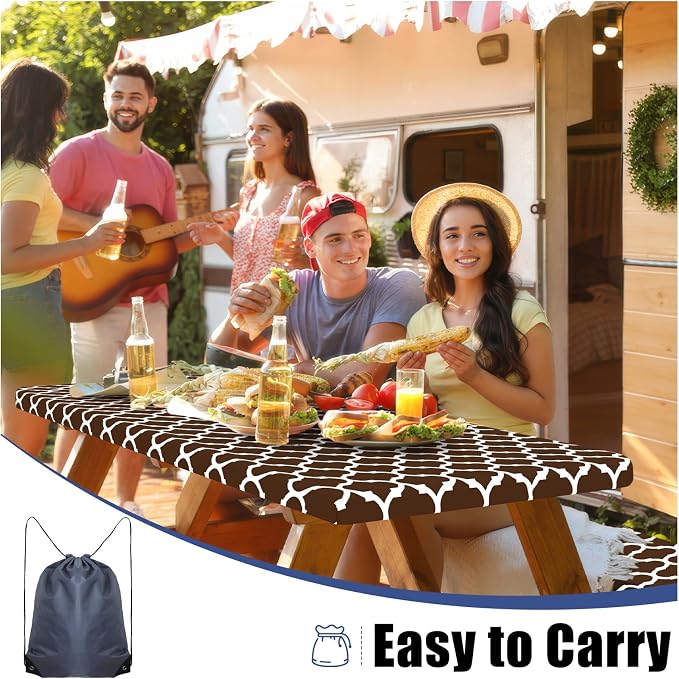 Smiry Picnic Table Cover with Bench Covers, Waterproof Elastic Fitted Tablecloth for 8 Foot Tables, Washable Polyester Tablecloths for Camping, Indoor & Outdoor (Coffee, 30x96 Inch 3-pc Set)
