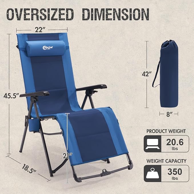 Portal Portable Zero Gravity Chair, Lounge Chair Outdoor Oversized Zero Gravity Chair Folding Lounge Chair with Adjustable Pillows and Cup Holder for Poolside Backyard and Lawn, Support 350lbs