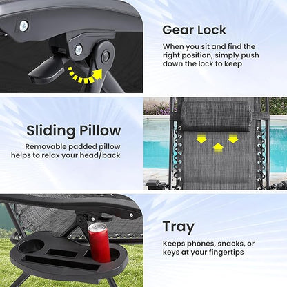 Zero Gravity Chair Set of 2 Oversized Folding Recliner, Padded Anti Gravity Lounge Chair with Adjustable Pillow & Cup Holder for Outdoor Camping, Patio, Poolside, Lawn (Gray)