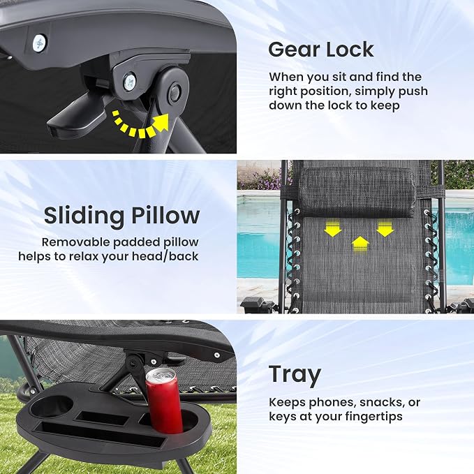 2-Pack Zero Gravity Lounge Chair Recliners - Adjustable Steel Frame with Removable Headrests & Cup/Phone/Tablet Trays - 330LBS Capacity - Light Gray