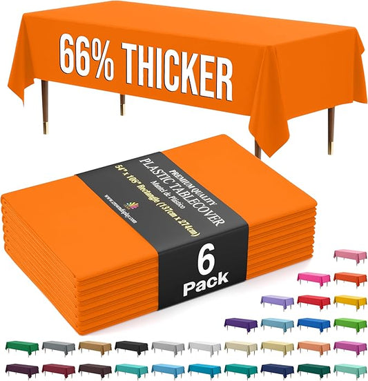 Exquisite 66% Thicker Premium Plastic Table Cloth Rectangle Table Cover 0.5 Mil 6 Pack Orange Table Cloth 54 Inch x 108 Inch Disposable Tablecloth Won't Tear Easily Like Cheap Thin Brands