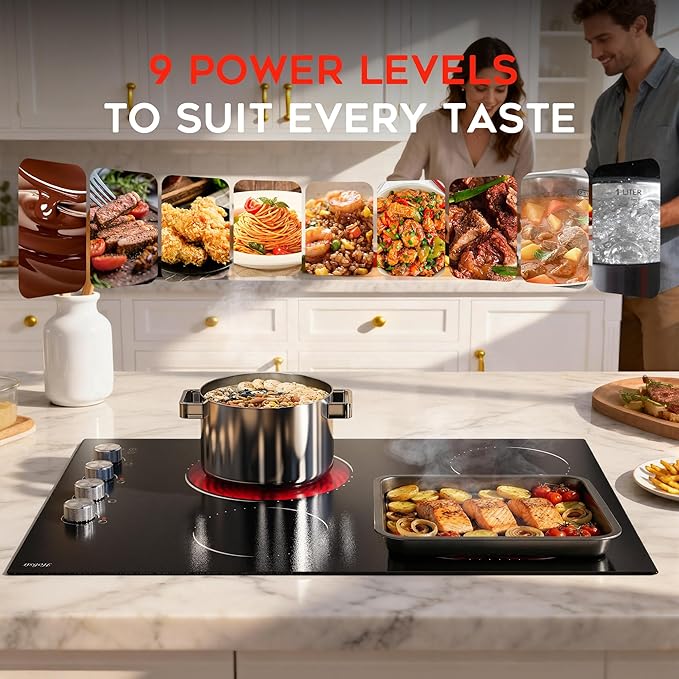 Electric Cooktop 30 Inch Hobsir, 4 Burner Electric Stove Top 6700W, Dual-Ring Burner & Oval Burner, 9 Power Level, 30 Inch Cook top with Safety Lock, Timer, Silver Knob