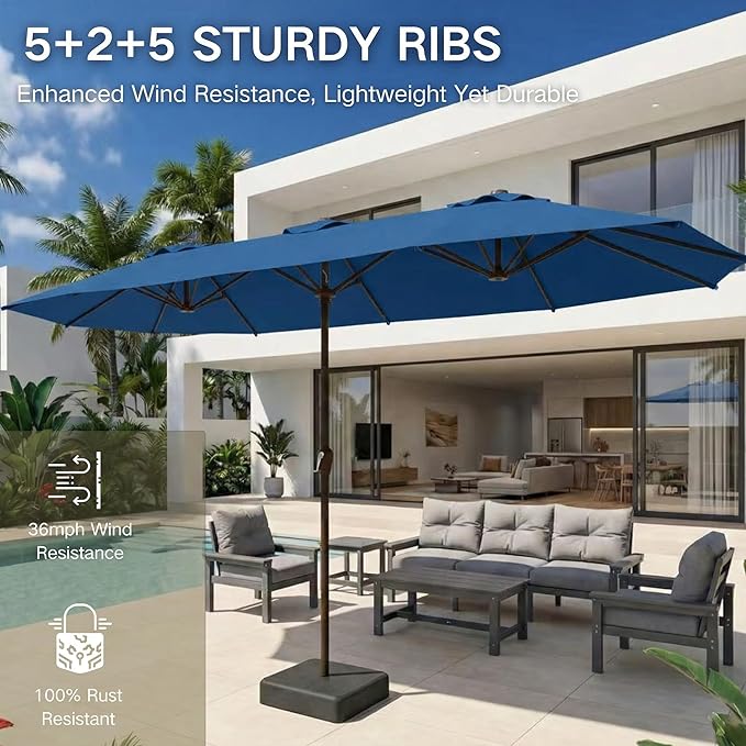 Kingdura 13ft Large Patio Umbrella with Base Included, Double-Sided Rectangle Outdoor Table Umbrella with 12 Reinforced Ribs, Crank Lift for Market Pool Deck Backyard, Royal blue