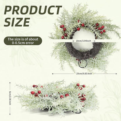 2 Pcs Christmas Candle Rings Wreaths, 10 Inch Flocked Candle Wreath with Artificial Berries Rosemary, Christmas Candle Holder Indoor Decor for Home Kitchen Cabinets Centerpieces for Tables