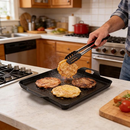 Cast Iron Square Griddle Pan, 13" x 11.5" Flat Top Griddle Plate, 11.5" Cooking Surface for Gas Stove, Camp Stove and Grill