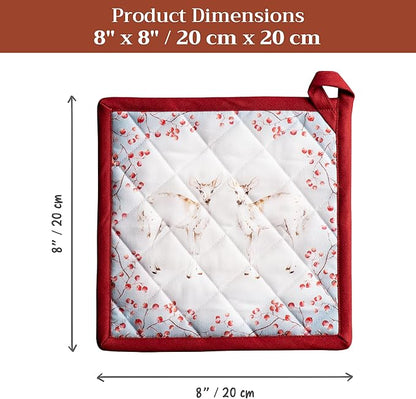 Maison d' Hermine Pot Holders Set 100% Cotton Heat Resistant Potholders 8" x 8" Hot Pads with Loop for Thanksgiving Christmas Decorations BBQ Baking Handling Hot Pans (Pack of 2, Fairy Tale Forest)