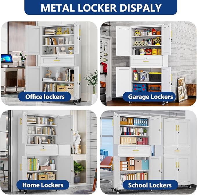 Ckzbx Metal Garage Storage Cabinet with Locking Drawers and Adjustable Shelves,71" H Steel File Cabinet with Wheels for Garage,Office (White)