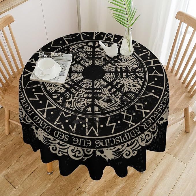 Vintage Viking Pattern Round Tablecloth, Viking Ancient Runic Helmet of Awe Celtic Dragon Table Cloth Water Resistant Table Cover for Farmhouse Party Holiday Kitchen Dinner Table 50"