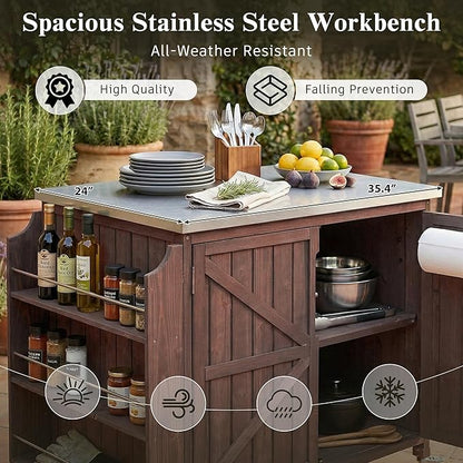 Outdoor Kitchen Island with 4 Locking Wheels, 42” Stainless Steel Top Grill Prep Station, Solid Fir Wood Storage Cabinet with 3-Tier Side Shelf and Adjustable Rack for Patio and BBQ, Brown