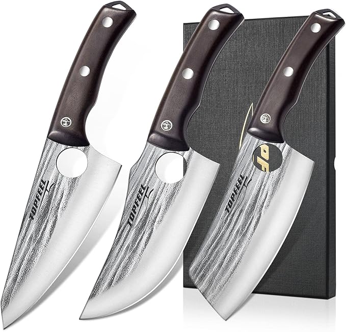 Topfeel 3PCS Butcher Knife Set Hand Forged chef knife Boning Knife, High Carbon Steel Meat Cutting Knives for Kitchen Camping BBQ…
