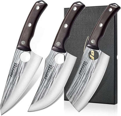 Topfeel 3PCS Butcher Knife Set Hand Forged chef knife Boning Knife, High Carbon Steel Meat Cutting Knives for Kitchen Camping BBQ…