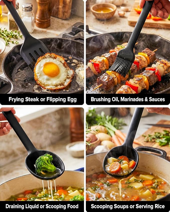 Silicone Kitchen Utensils Set, Heat Resistant Cooking Utensil with Spoon, Scraper, Spatula, Basting Brush & Tongs, BPA-free Non-stick Cookware for Frying, Basting, Serving, Grilling (6 Pack) (BLACK)